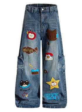 MoCreation 美式卡通风刺绣贴布牛仔阔腿裤男女情侣宽松复古长裤