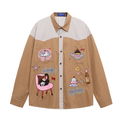 MoCreation 卡通风格子长袖衬衫女宽松翻领刺绣日系复古学院上衣