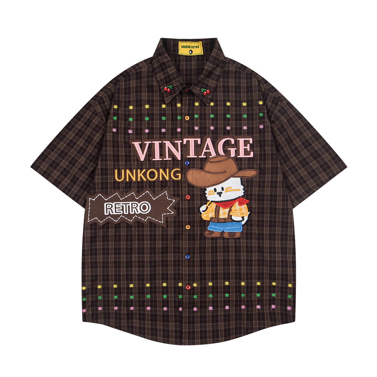 MoCreation美式复古卡通格子短袖衬衫女宽松百搭刺绣复古穿搭衬衣