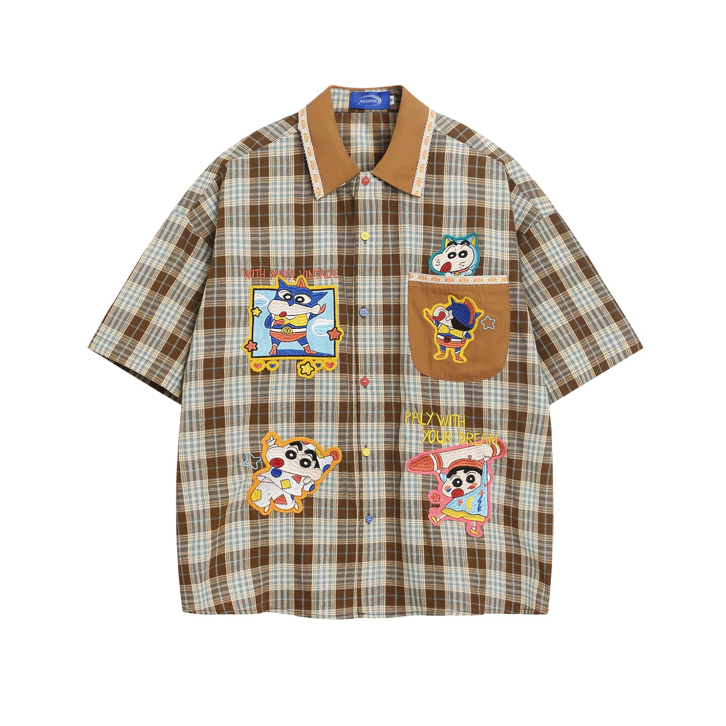 MoCreation美式卡通风格子衬衫男女短袖宽松童趣刺绣撞色翻领上衣