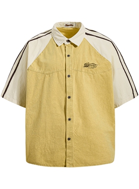 MoCreation美式复古撞色拼接短袖衬衫男女宽松插肩纯棉设计感衬衣