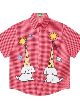 MoCreation美式复古小狗印花格子短袖衬衫男女宽松学院风休闲衬衣