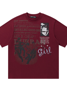 MoCreation 美式复古字母印花短袖T恤男女宽松酒红色情侣上衣摇滚