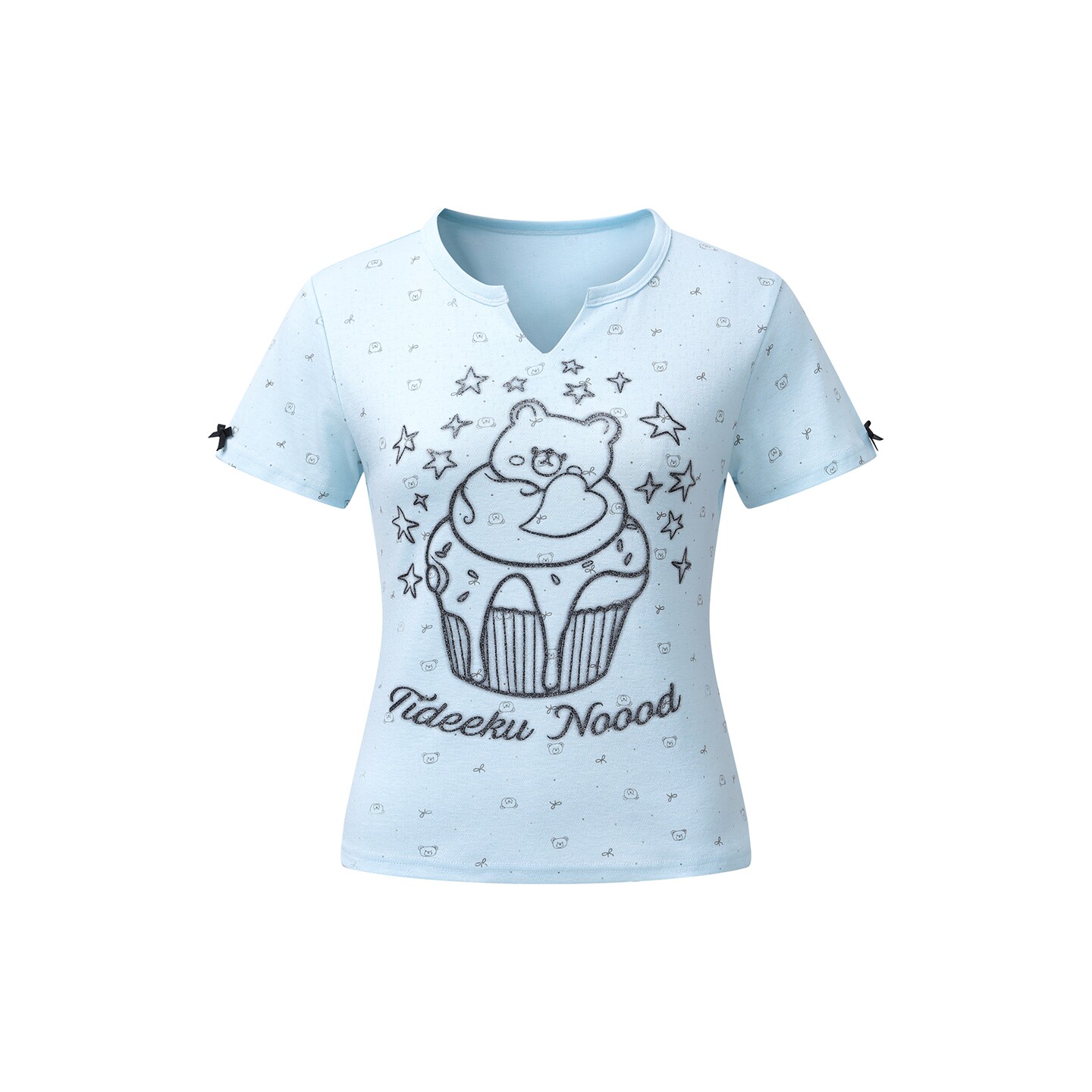MoCreation 休闲风蛋糕小熊印花V领短袖T恤女甜妹修身蓝色上衣tee