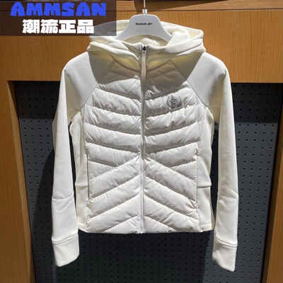 Reebok锐步女款运动舒适修身百搭拼接连帽灰鸭绒排骨羽绒服夹克