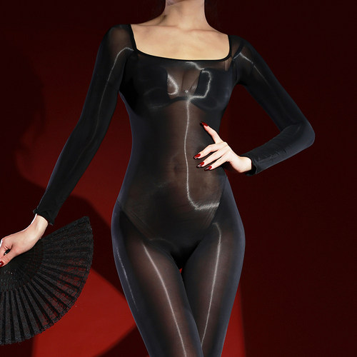 高叉无缝一字肩油亮紧身连体衣