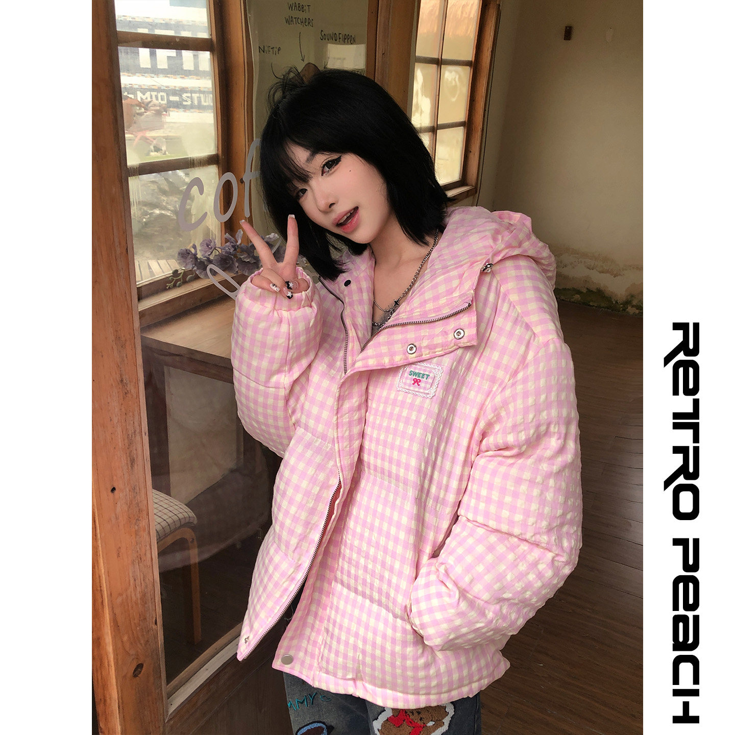 冬季甜美格子连帽加厚面包服女