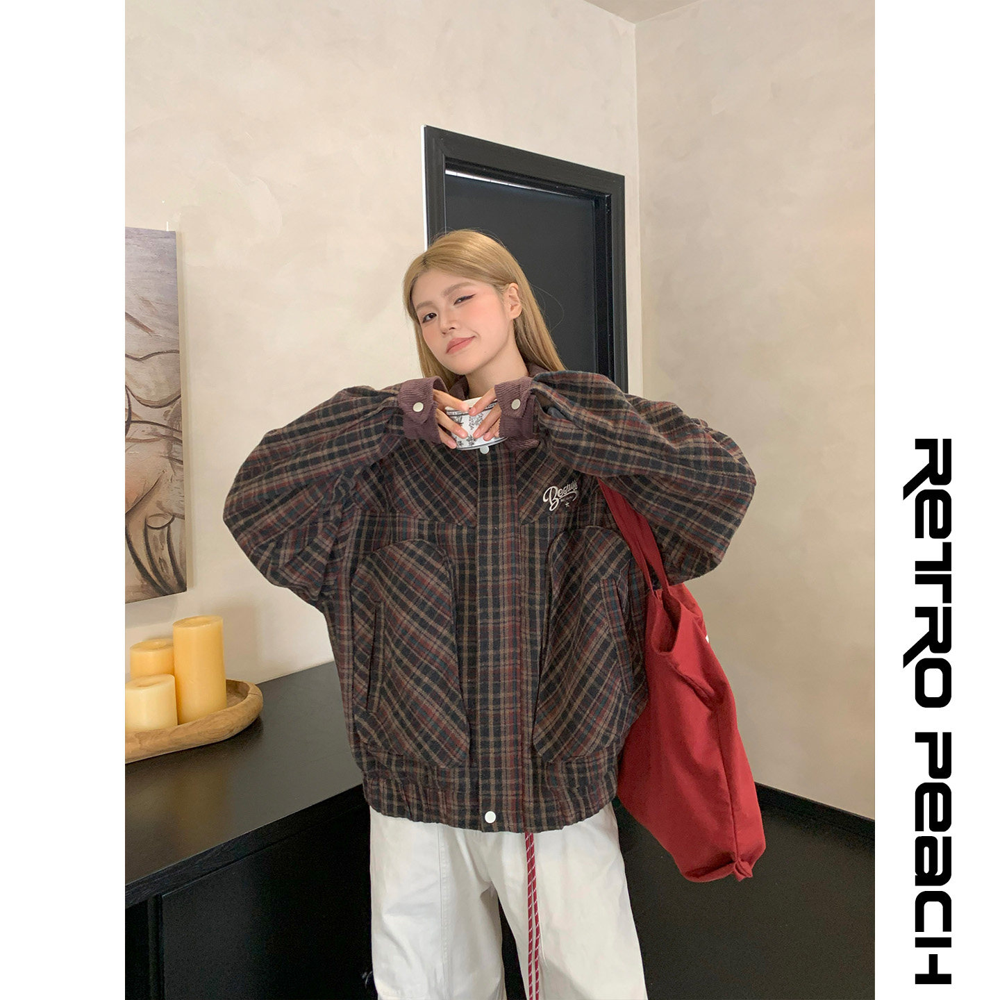 RP美式复古格纹羊羔毛外套宽松女