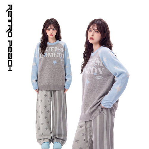 甜美星星字母撞色插肩毛衣女