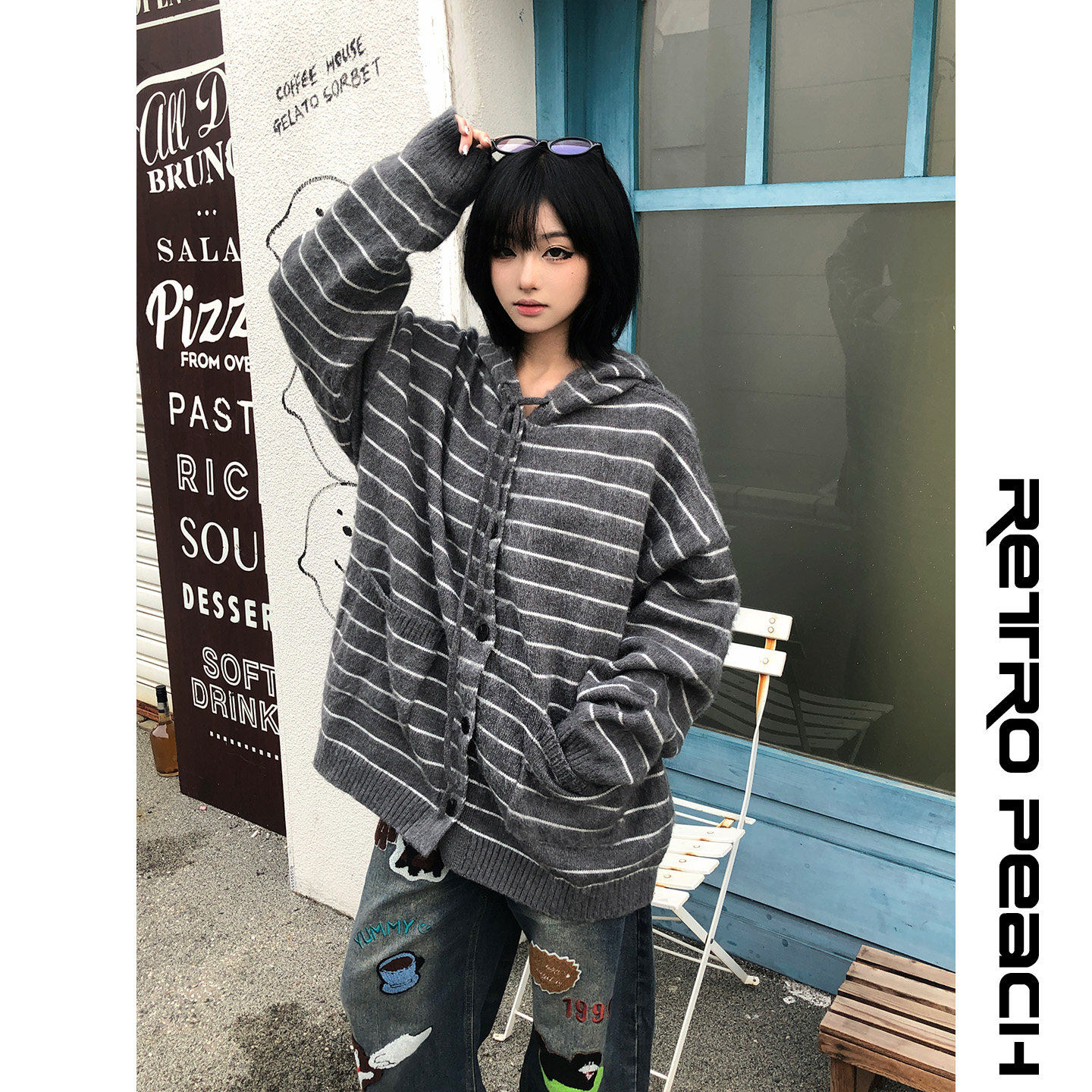 莓素美式复古条纹连帽开衫毛衣女宽松秋冬慵懒风针织衫外套百搭潮