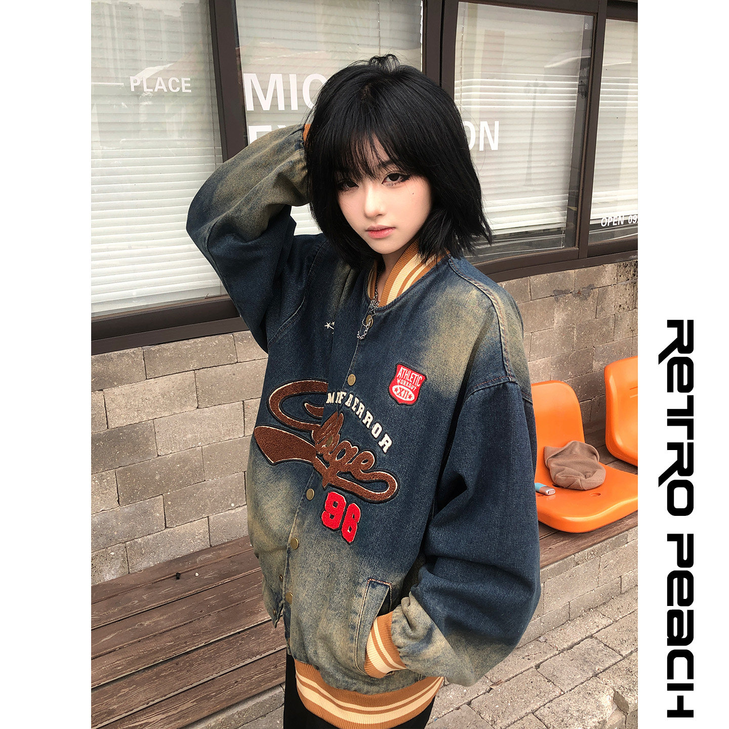 莓素美式复古做旧牛仔棒球外套女