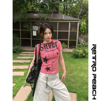 莓素Y2K美式辣妹风条纹正肩短袖T恤女修身显瘦短款小个子上衣vibe