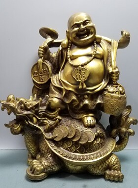 弥勒佛摆件纯铜大肚佛龙龟笑佛举元宝佛家居店铺供养佛像挑金币佛
