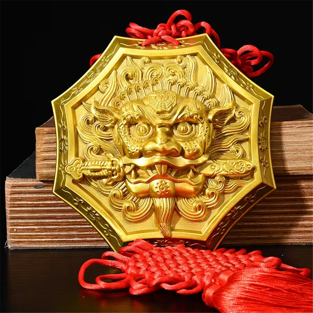 纯铜狮咬剑挂件八角狮头兽咬剑挂牌兽头睚眦吞口家居门口阳台摆放