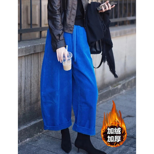 时髦洋气小众独特九分弯刀裤 女秋冬新款 加绒蓝色灯芯绒休闲裤 大码