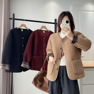 宽松休闲圆领单排扣翻袖 秋冬新款 格子拼接羊羔毛外套上衣 女装 大码