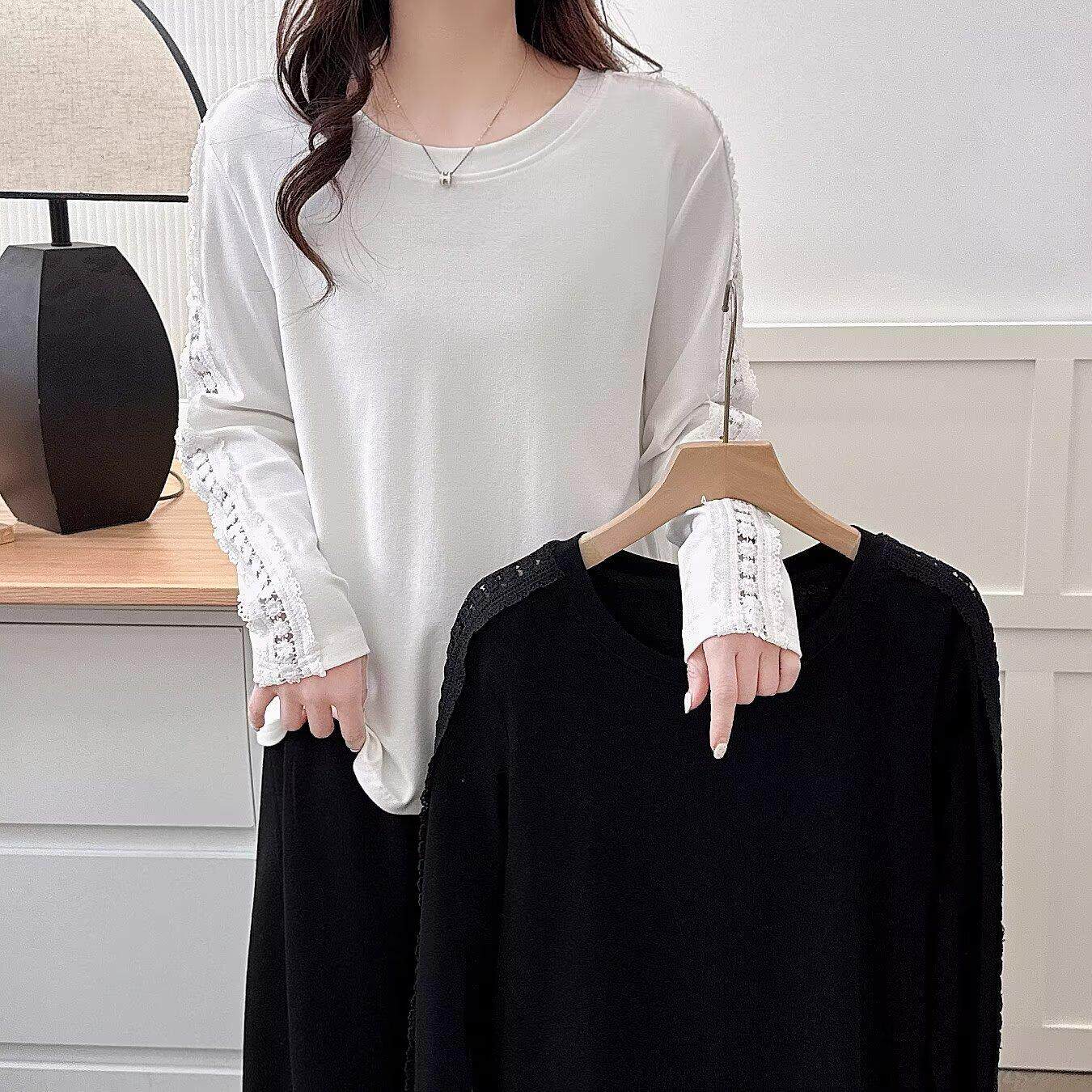 蕾丝拼接法式花边拼接长袖t恤大码女装圆领上衣春秋韩版打底衫