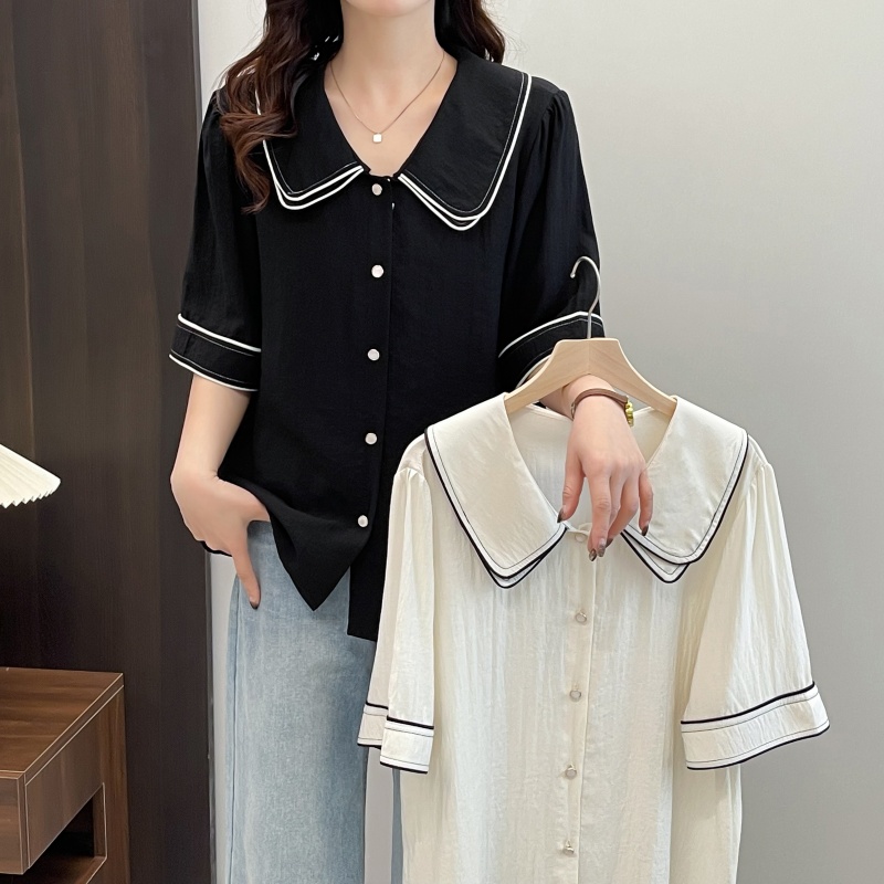 大码女装2025夏季新款法式娃娃领短袖衬衫宽松甜美设计感撞色上衣