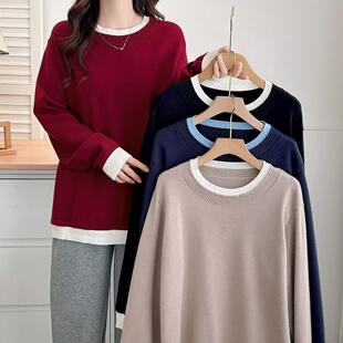 200斤胖mm圆领拼色假两件长袖 女大码 百搭毛衣 针织衫 2024秋冬韩版