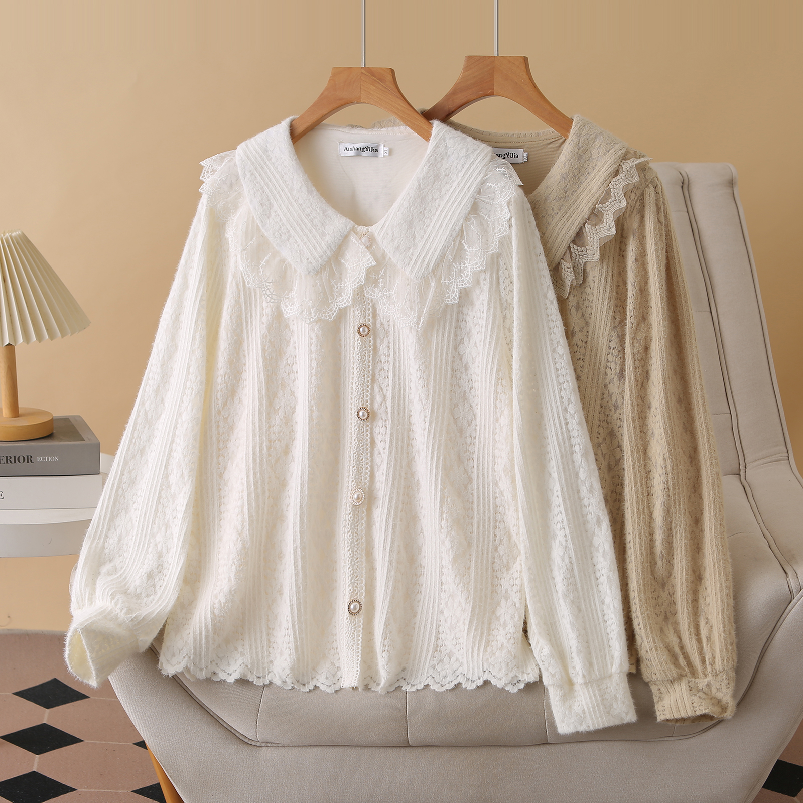 大码女装2025秋装新款韩版娃娃领蕾丝长袖衬衫宽松显瘦胖mm上衣