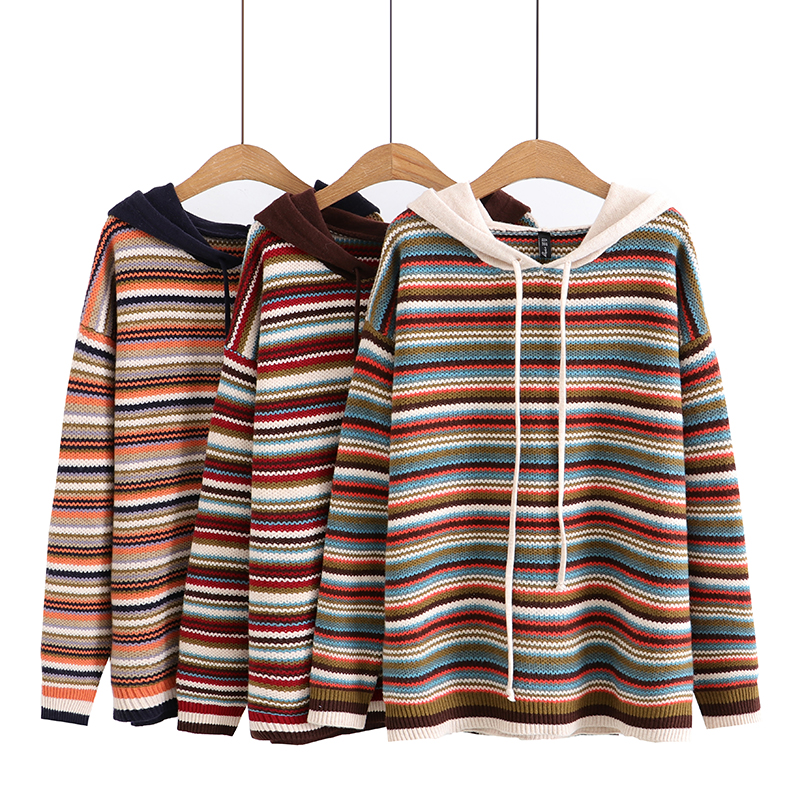 大码针织连帽套头条纹毛衣