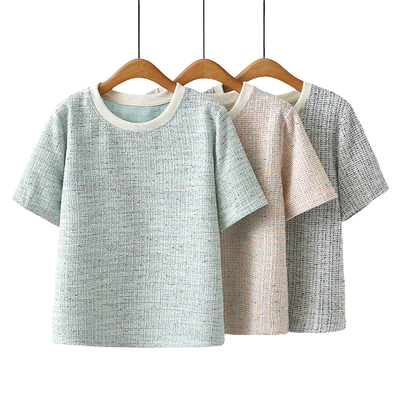 大码小香风圆领格纹短袖T恤