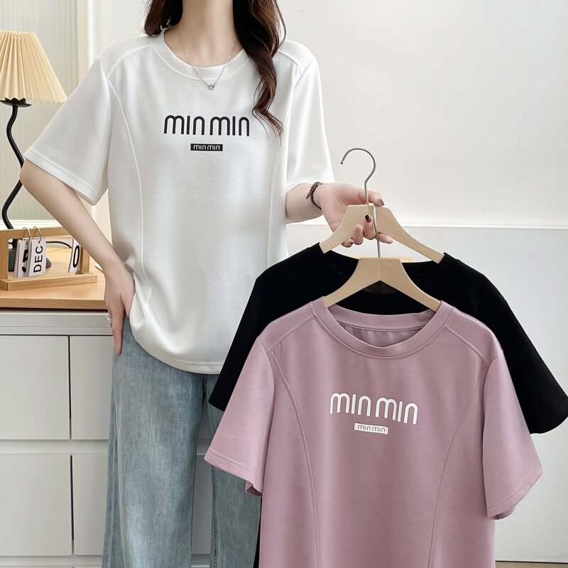 2025夏装韩版新款套头衫女宽松圆领字母印花短袖鱼骨T恤大码上衣