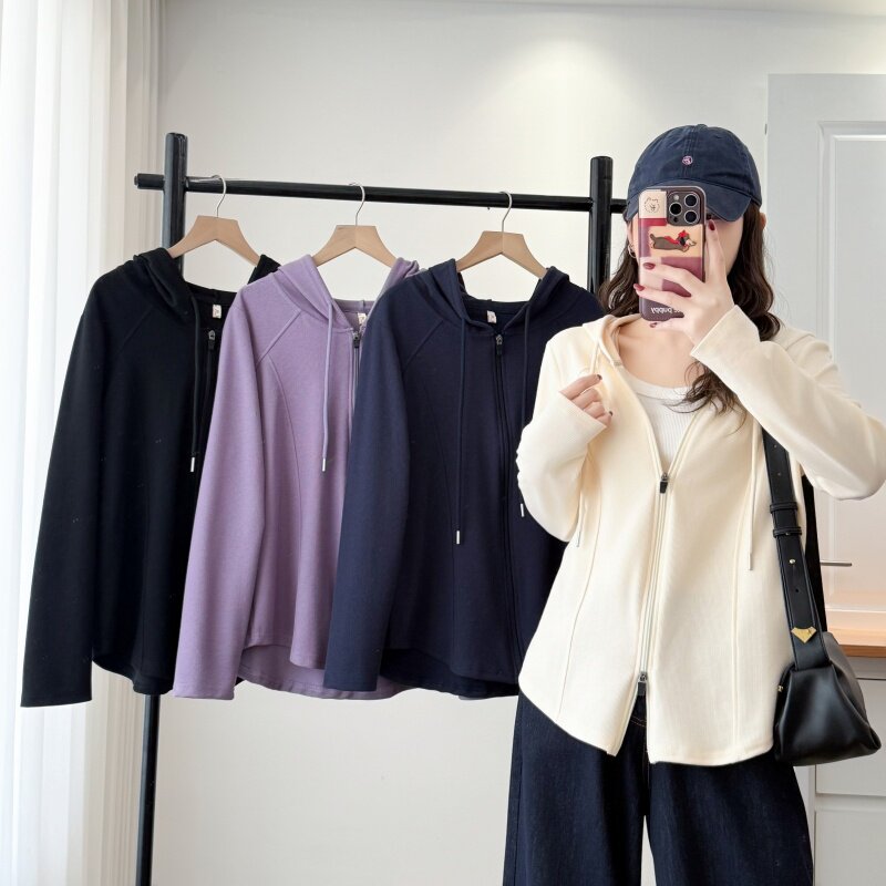 大码薄款外套2026新款休闲连帽拉链卫衣女显瘦遮肚拼接长袖开衫
