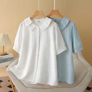 娃娃领宽松法式 夏季 短袖 200斤慵懒风设计感小众衬衫 减龄上衣 大码