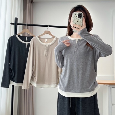 大码女装假两件上衣春秋长袖t恤