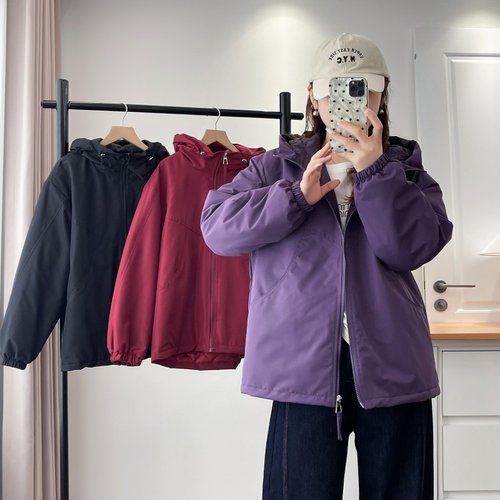 大码女装韩版宽松连帽冲锋衣外套