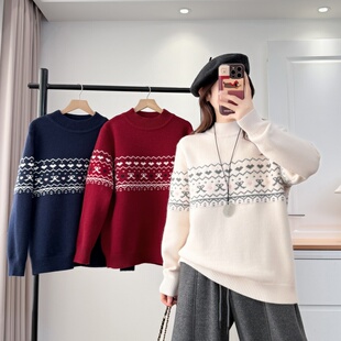冬季女装新款复古提花针织衫宽松半高圆领套头毛衣慵懒风大码上衣