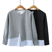 韩版 新款 套头衫 2026春季 上衣设计感下摆不规则条纹拼接大码 t恤