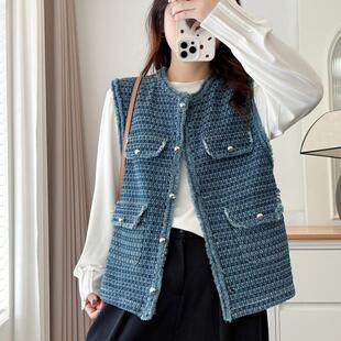 外搭上衣 牛仔毛边叠穿坎肩无袖 大码 小香风马甲胖mm高级感春秋新款