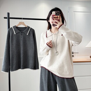 2025冬装韩版新款套头针织上衣设计感相色翻领三粒扣长袖大码毛衣