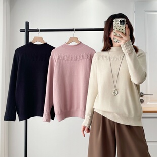 大码冬装新款半高领纯色针织衫女百搭显瘦长袖镂空毛衣内搭打底衫