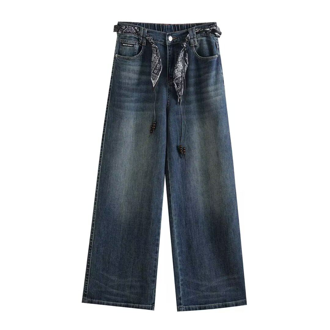 大码女装秋装新款韩版宽松显瘦牛仔裤高腰直筒阔腿裤休闲丝巾长裤