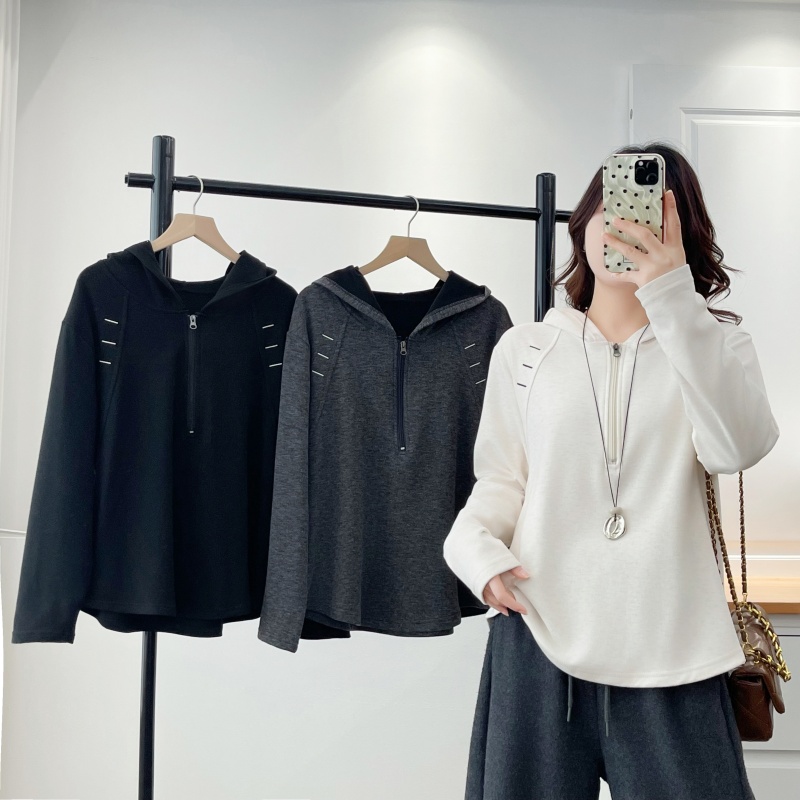 大码女装连帽半拉链卫衣长袖T恤