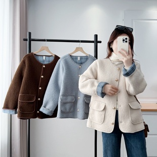 休闲撞色翻袖 大码 新款 2025冬季 格子拼接羊羔毛外套保暖上衣 女装