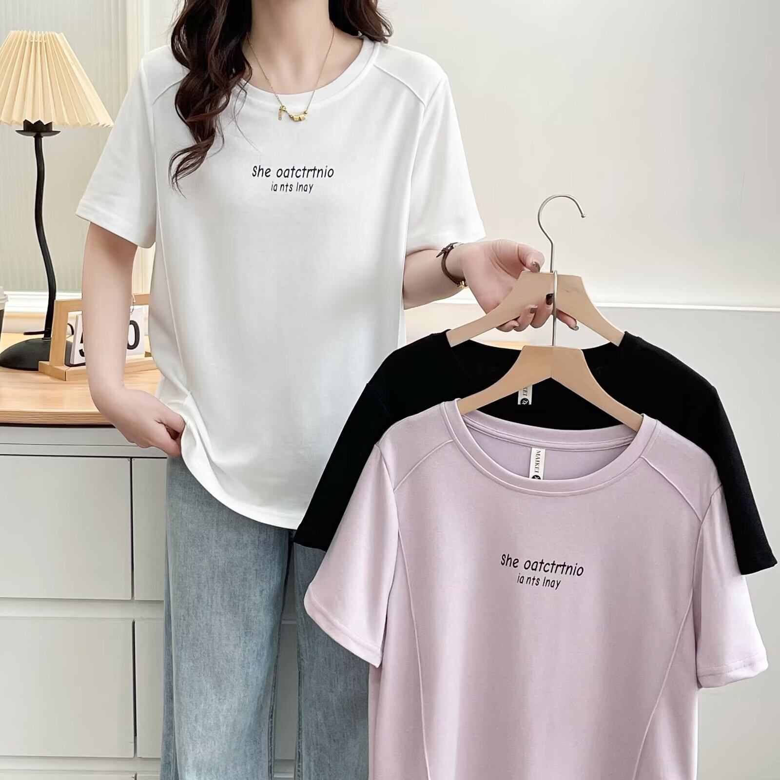 夏季新款正肩字母印花短袖鱼骨t恤女大码显瘦设计感时尚百搭上衣