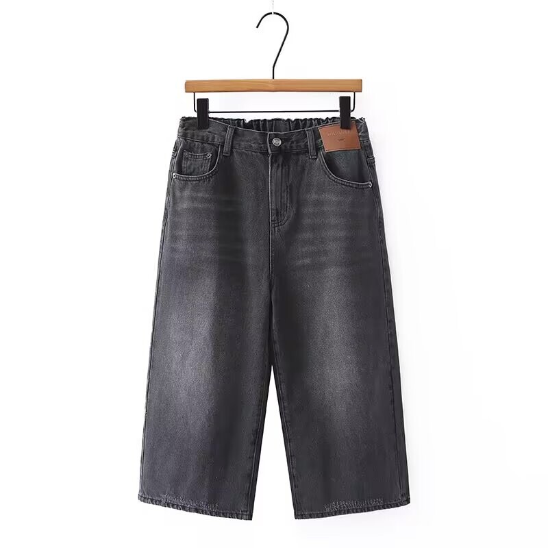 大码女装夏季韩版新款胖mm高弹力松紧腰水洗设计感水洗牛仔八分裤