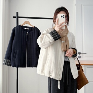 拉链压条翻袖 大码 新款 冬季 格子拼接棉衣棉服加厚外套休闲夹克 女装