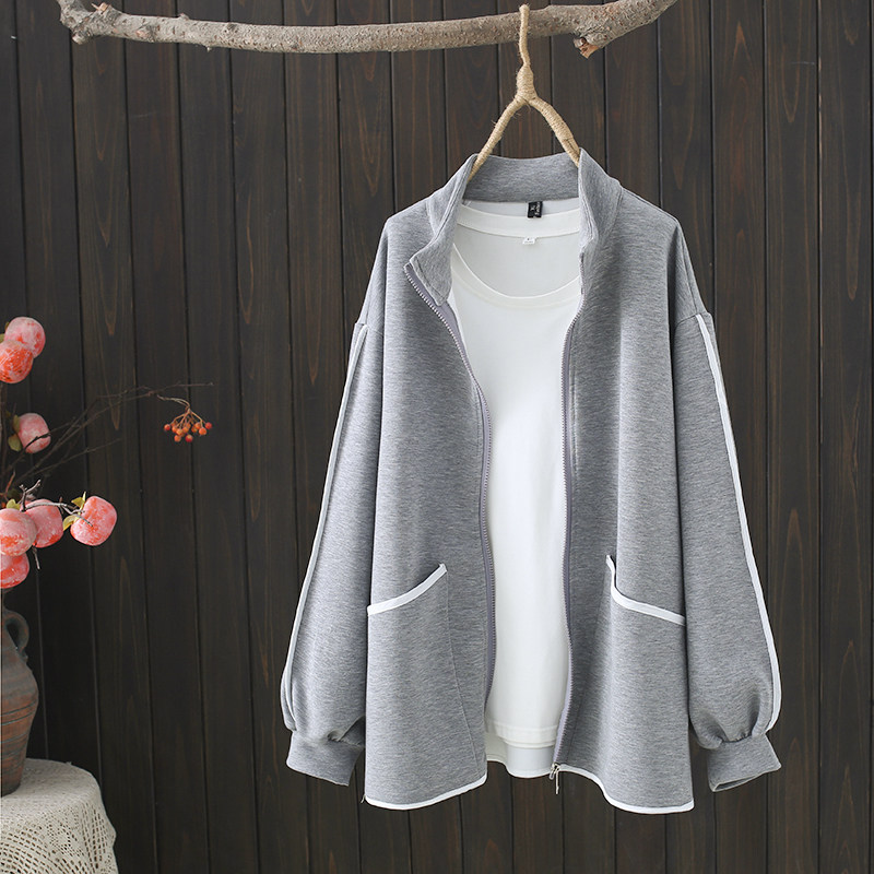 2023春秋新款大码运动开衫胖mm宽松立领拉链相色包边棒球服外套