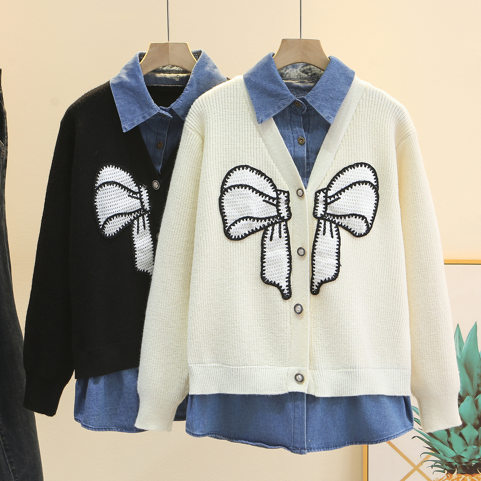 大码女秋冬新款牛仔领针织开衫