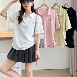 T恤夏季 大码 短袖 新款 宽松显瘦翻领蝴蝶结刺绣收腰褶皱上衣 女装