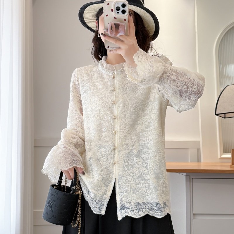 大码女装法式刺绣蕾丝衬衫女士长袖春秋季新款宽松喇叭袖别致上衣,女装/女士精品,衬衫,淘宝优惠券,粉丝福利购,淘宝优惠卷