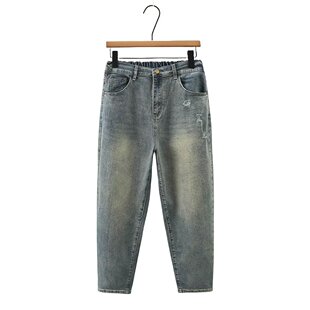 九分老爹裤 哈伦裤 200斤高腰显瘦小个子大码 破洞水洗复古蓝牛仔裤