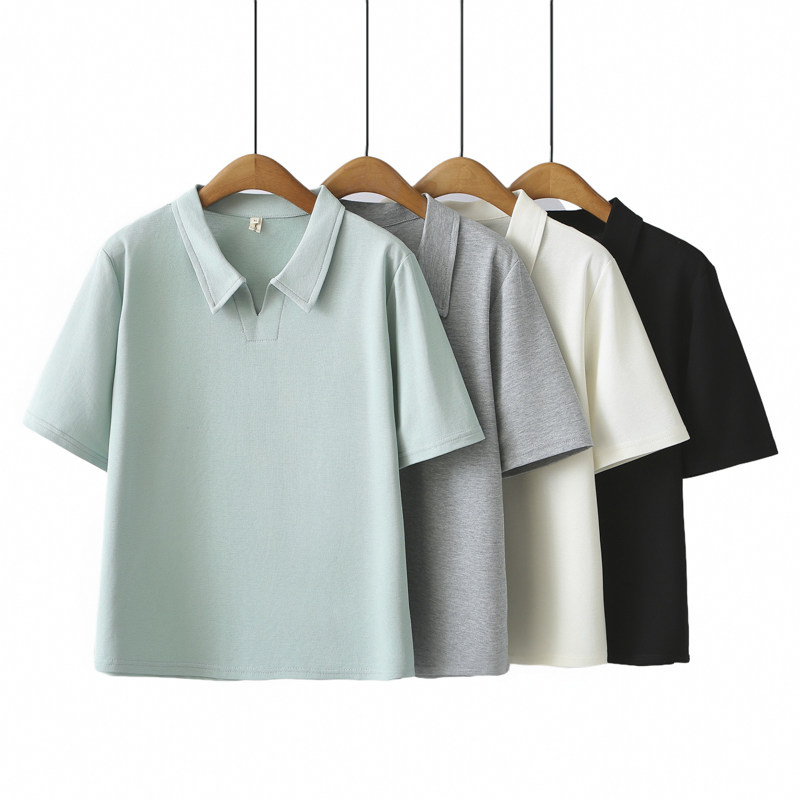 大码女装2025夏装新款休闲时尚简约翻领短袖T恤显瘦百搭正肩上衣