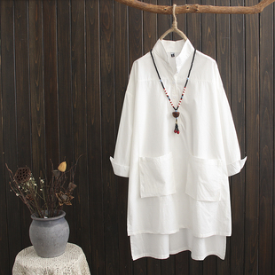 大码女打底衫早春新款韩版文艺范森系百搭中长款大口袋长袖衬衫