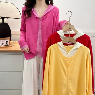 大码女装2025新款春秋上衣胖mm洋气拼色假两件拼接连帽开衫针织衫